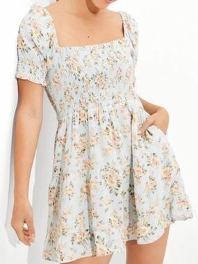 American Eagle Outfitters Light Blue Floral Smocked Mini Dress